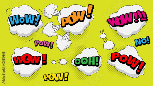 Vector comic speach bubble with prase  Wow, Pow, Ooh, No  . Comic cartoon sound bubble speech set on colored background.