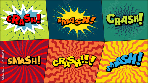 Vector comic speach bubble with prase  Crash, Smash  . Comic cartoon sound bubble speech set on colored background.