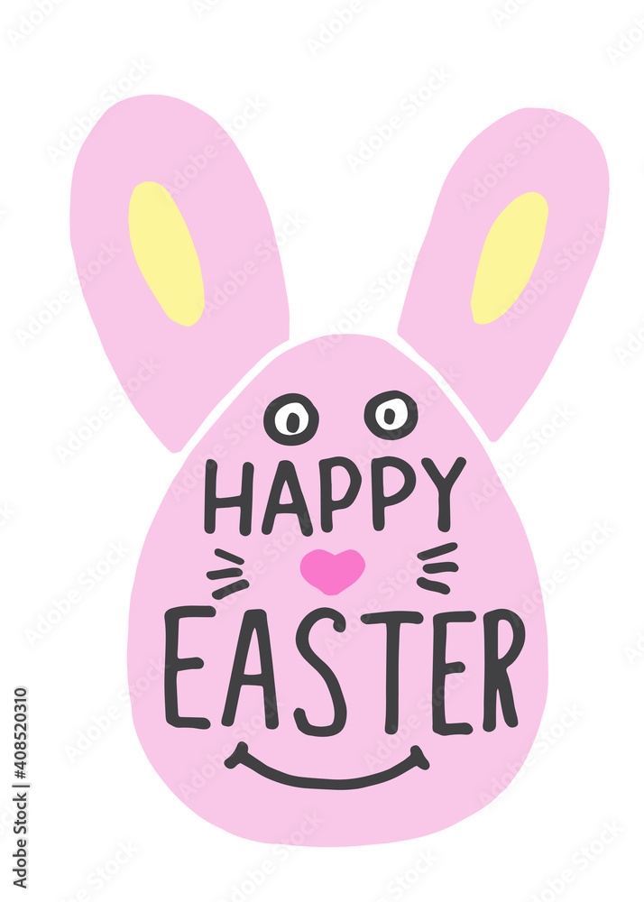 Colorful Easter greeting card with lettering in egg shape with bunny face and ears. Cute pastel colors. Beautiful print isolated on white. Can be used as decoration, print for textile, design element Colorful Easter greeting card with lettering in egg shape with bunny face and ears. Cute pastel colors. Beautiful print isolated on white. Can be used as decoration, print for textile, design element