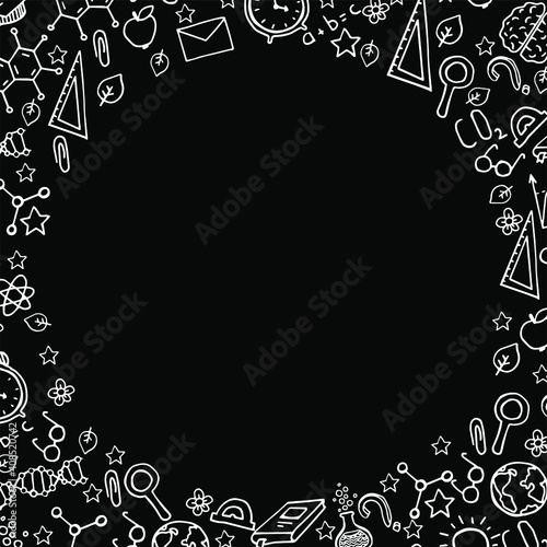 Vector frame template with school symbols. Physics, chemistry, biology, geography, mathematics and other school subjects. Science elements are drawn with a line. Background for children and students