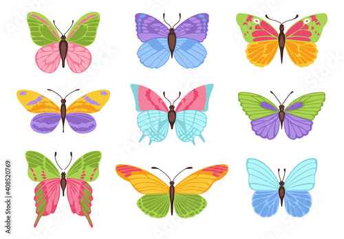 Watercolor colors butterflies isolated on white background. Pretty butterfly set with spring palette for child. © the8monkey