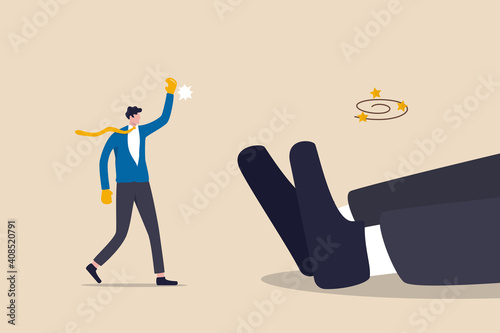 Big business winning, SME, Small and medium-sized enterprises beating giant opponent, surprise win in battle concept, confident businessman raising victory arm after defeat fallen giant opponent.