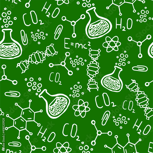 Vector seamless pattern with hand drawn school symbols. Physics, chemistry, biology. Science elements are drawn with a line. Background for children and students