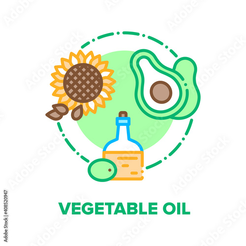 Vegetable Oil Vector Icon Concept. Olive, Sunflower And Avocado Extra Virgin Vegetable Oil, Natural Eco Clean Product Ingredient For Frying Dish Or Vegetarian Salas Color Illustration