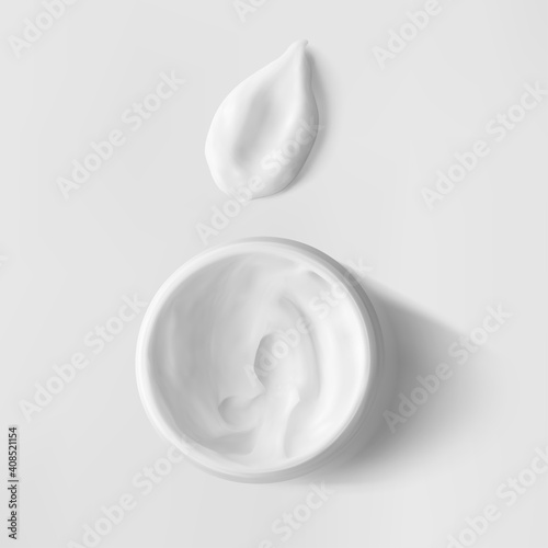 Cream jar and moisturizer smudge vector realistic illustration isolated on white background. Beauty facial cosmetic product texture top view. Body care lotion