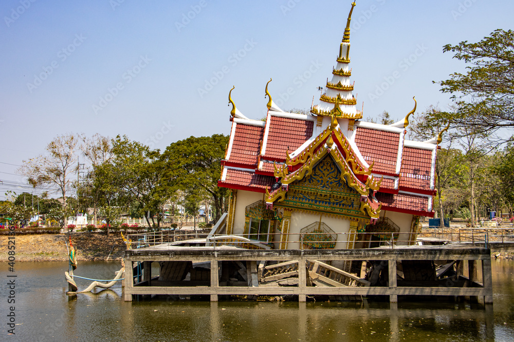 The Buddhist temple Wat Khao Saphan Park fall down inside a concrete construction in water tank, Thailand. The Buddhist temple Wat Khao Saphan Park fall down inside a concrete construction in water tank, Thailand.