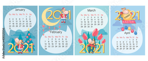 Calendar 2021. Set. Nice bull. Funny calf on the background of a large number. Year of the Ox. Holidays and relaxation, cute calf entertainment. Week starts on Sunday. Vector illustration. 