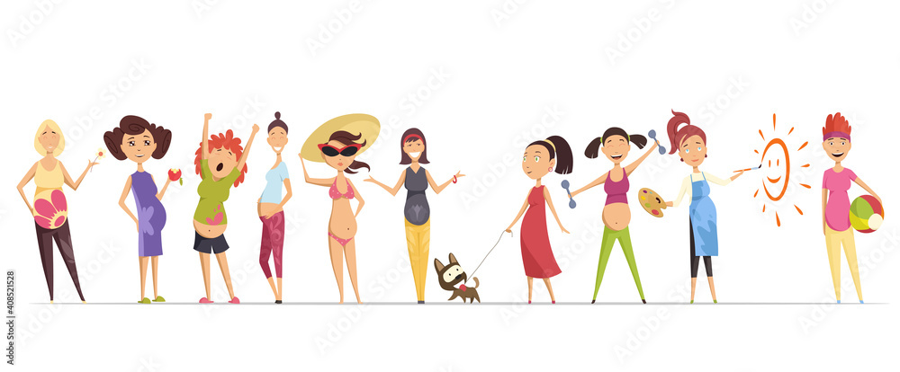 Pregnant women set. Many views of pregnant. Smile happy, walking with dog, eating apple, exercise, painting, swimsuit. illustrations isolated. Pregnant women set. Many views of pregnant. Smile happy, walking with dog, eating apple, exercise, painting, swimsuit. illustrations isolated.