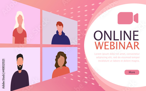 Online webinar landing page. Video conference, online meeting design concept. Four windows for images of speakers, members. Web template vector illustration