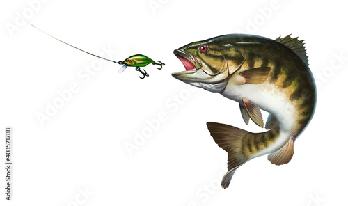 Smallmouth bass jumps out of water illustration isolate realistic.  Big smallmouth Bass perch fishing in the usa on a river or lake at the weekend. Bass hunts for the golden wobbler bait. photo