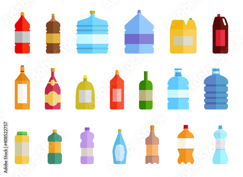 Plastic bottle water icon set. Color drinking water packaged in PET Bottle  recyclable and easy to store liquids. flat style cartoon illustration isolated on white background