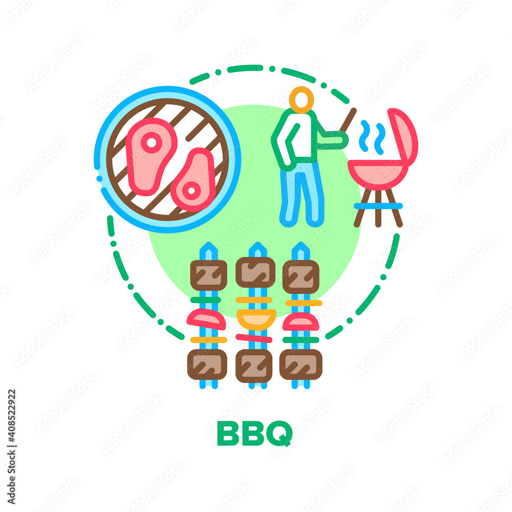 Bbq Picnic Food Vector Icon Concept. Barbeque Fried Meat With Vegetables, Chef Grilling And Frying Marinated Beef Or Pork On Bbq Equipment With Spices, Tomatoes And Onion Color Illustration