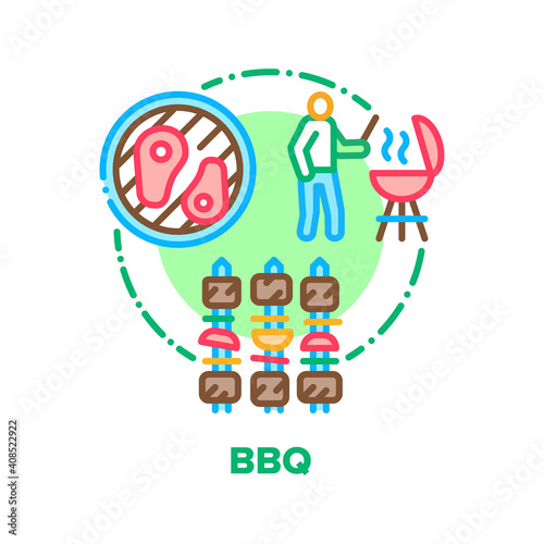 Bbq Picnic Food Vector Icon Concept. Barbeque Fried Meat With Vegetables  Chef Grilling And Frying Marinated Beef Or Pork On Bbq Equipment With Spices  Tomatoes And Onion Color Illustration