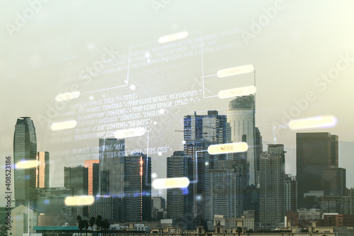 Multi exposure of abstract graphic coding sketch on Los Angeles cityscape background  big data and networking concept