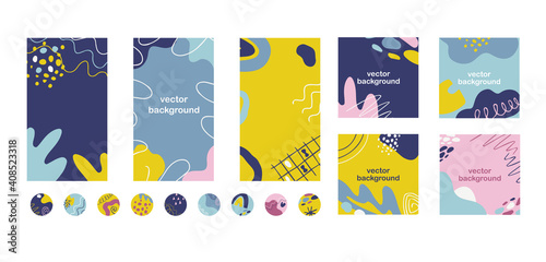 Social media highlights, banner posts and stories template. Set of trendy vector background with abstract shapes, lines, dots, floral details and editable text.