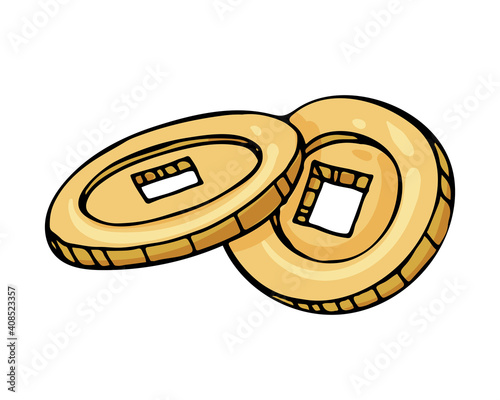 Two Chinese gold coins with a square hole. Vector illustration. A talisman for good luck, wealth and prosperity