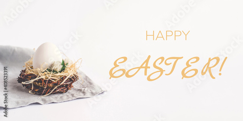 Light Easter background with an egg in the nest. Copy space for your text.