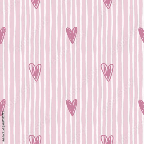 Pink seamless pattern with hand drawn doodle hearts and white uneven stripes. Nursery cute background for kids room.