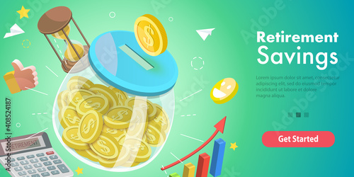 3D Isometric Flat Vector Conceptual Illustration of Retirement Savings, Financial Planning.
