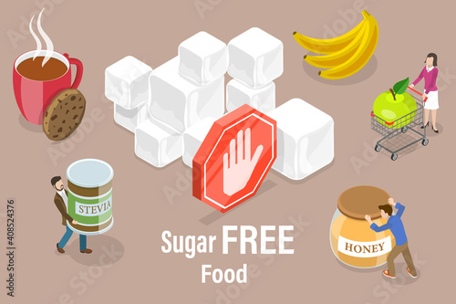 3D Isometric Flat Vector Conceptual Illustration of Sugar Free Food, Natural Sweeteners.