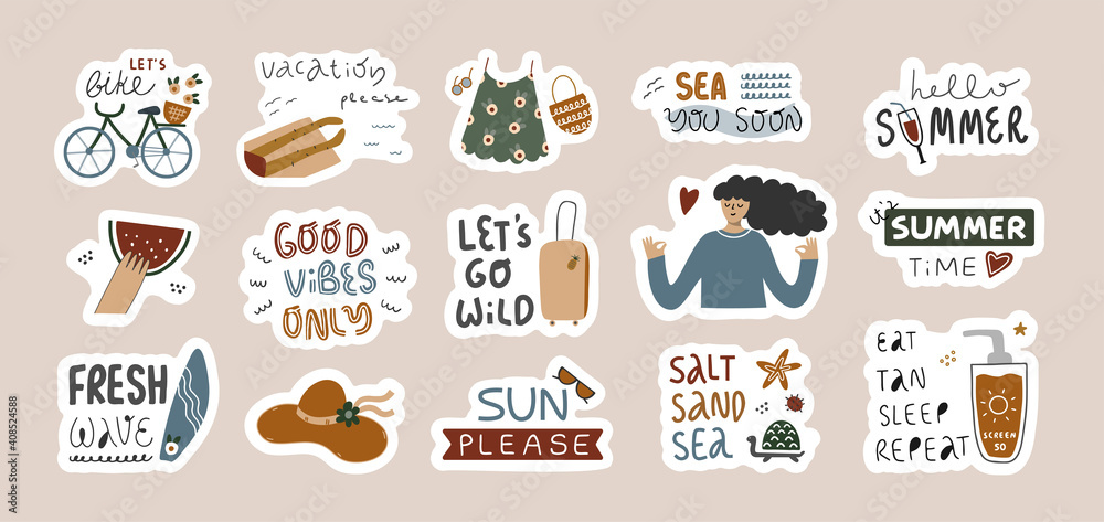 Set of cute stickers with summer elements.