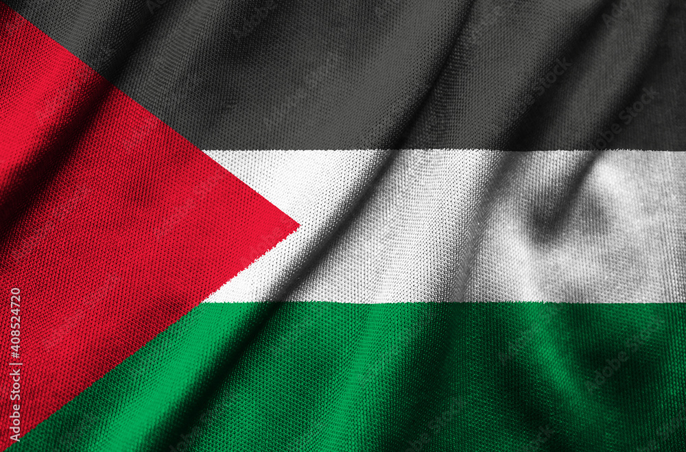 The national flag of State of Palestine on fabric texture background. Flag image for design on flyers, advertising. 3D-Illustration. 3D-rendering