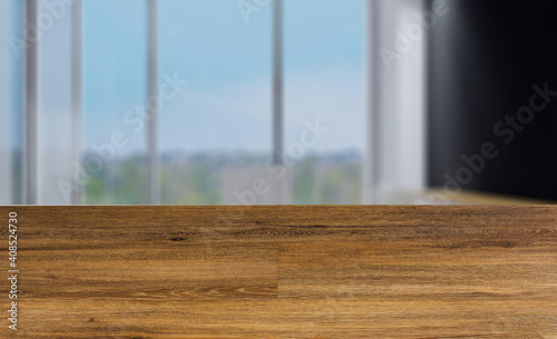modern office with large windows. loft style furniture. Empty paintings. 3D rendering. Abstract blur phototography. wooden table on blurred background. © COK House