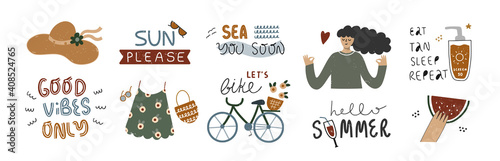 Set of cute clip arts with summer elements.