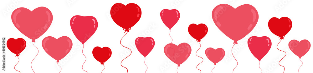 Hearts balloons banner red and pink color vector illustration. Valentines Day symbol, birthday, anniversary greeting card