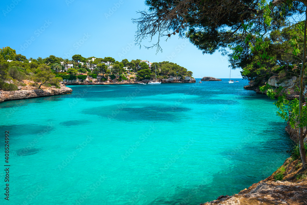A view from a trail on a shore of Cala Ferrera bay on Mallorca island in Spain