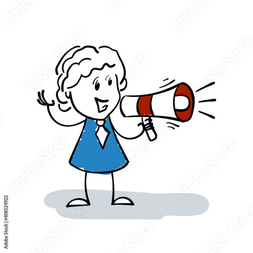 Business Woman cartoon talk in megaphone. Smiling Stick Figure drawing stick woman shouting or screaming using loudspeaker. Marketing, social announcement or advertisement concept. Loyalty programm.