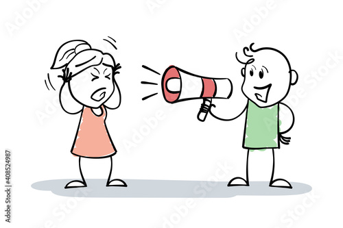 Smiling Stickman loud speak with woman or salesgirl using loudspeaker. Cartoon Stick Figure drawing business man or manager shouting through megaphone. Leadership and referral marketing concept. EPS10