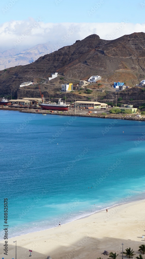 the view of the Praia Laginha from the Alto Fortim in Mindelo, on the island Sao Vicente, Cabo Verde, in the month of December