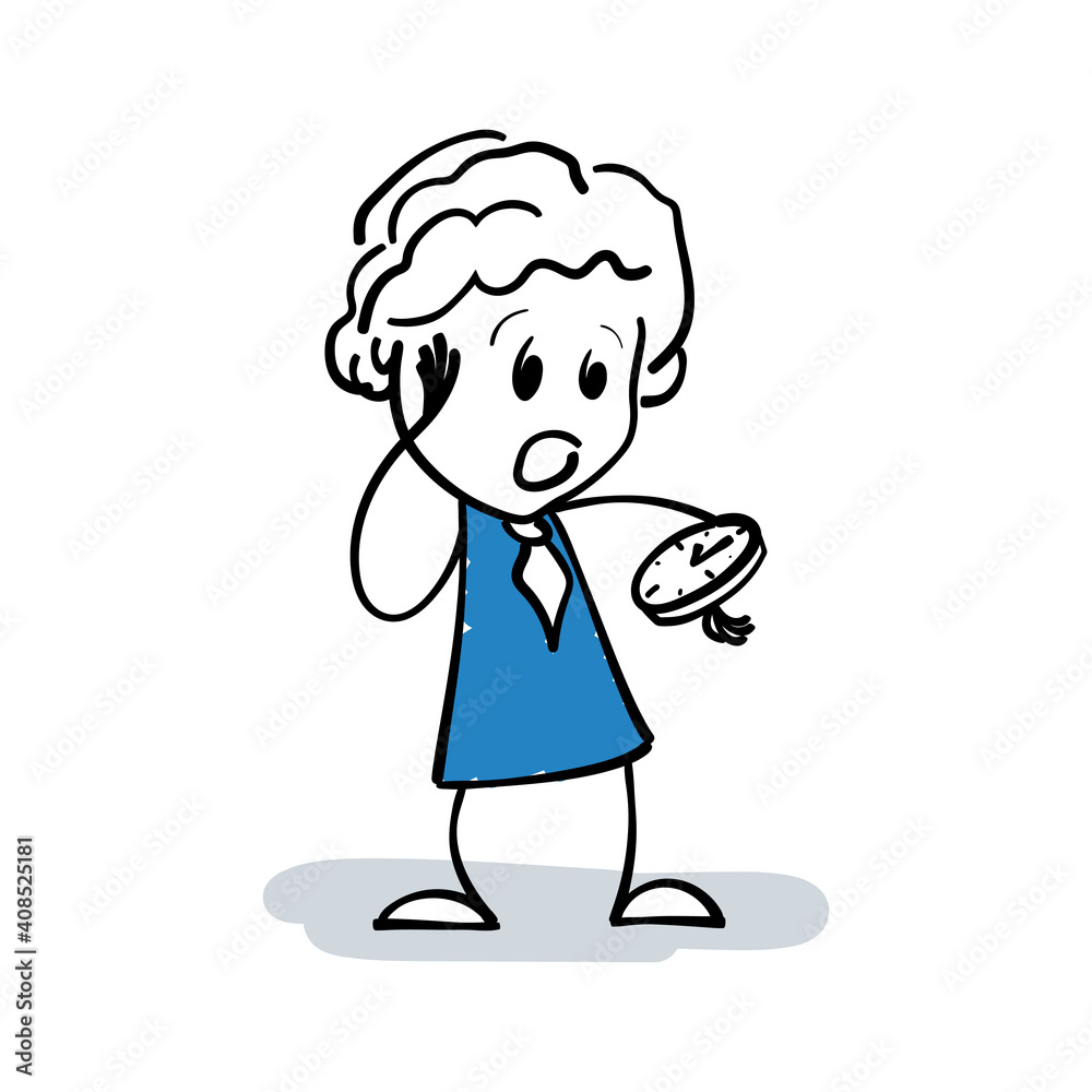 Business stick woman checking the time on the watch on her wrist to see how late. Cartoon stick figure drawing worried business woman is late for a meeting. Time management concept. Doodle line art.