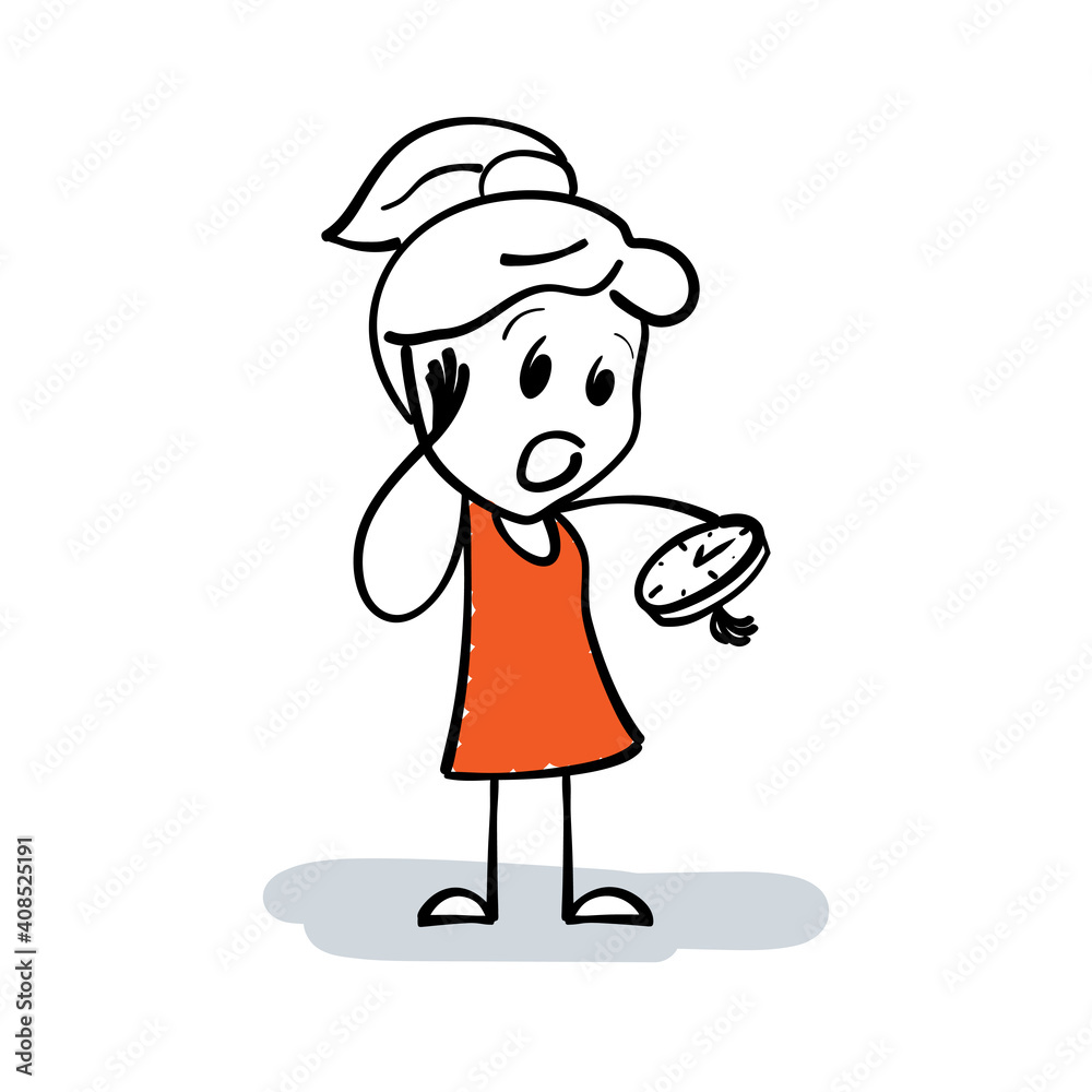 Young stick woman or girl checking time on the watch on her wrist to see how late. Cartoon stick figure drawing worried woman is late for a meeting or date. Girl look at watch. Time management concept Young stick woman or girl checking time on the watch on her wrist to see how late. Cartoon stick figure drawing worried woman is late for a meeting or date. Girl look at watch. Time management concept