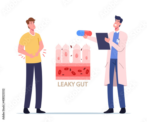 Stomachache, Gastroenterology. Sick Patient Character Touching Diseased Belly Suffer of Stomach Ache causes Leaky Gut