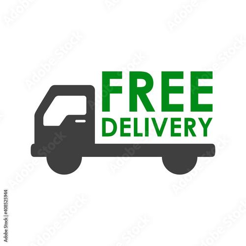 Entrega gratuita. Logotipo con camión con texto Free Delivery en color verde y gris