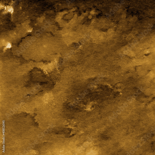 Gold ink and watercolor texture on white paper background. Paint leaks and decalcomania effects. Hand-painted gouache abstract image. Mess on the canvas.