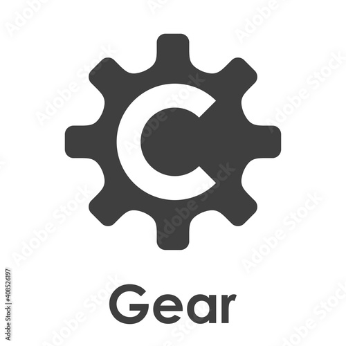 Logotipo con texto Gear y letra C en el interior de silueta de rueda dentada en color gris
