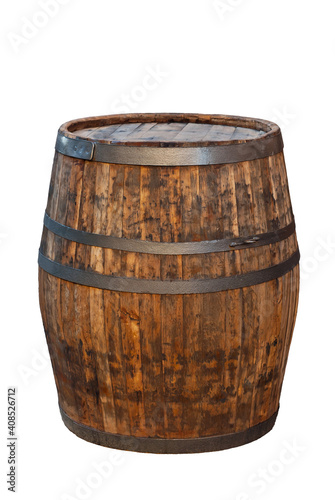 Wooden barrel isolated on a white background. Round oak barrel close up.