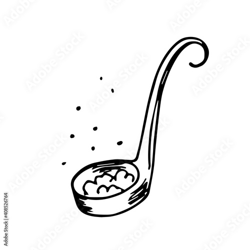 A large scoop spoon with witchcraft potion. Magic elixir or soup is brewed. Hand drawn halloween sketch black outline engraving tattoo. Stock vector illustration isolated on white background.