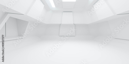 Canvastavla modern white futuristic room technology concept building interior 3d render illu