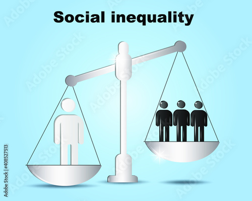 Social inequality. Racial discrimination and inequality based on racial skin color - person is discriminated on the weigh. Multicultural society with problem of racism and ethnic superiority.  3-d vol
