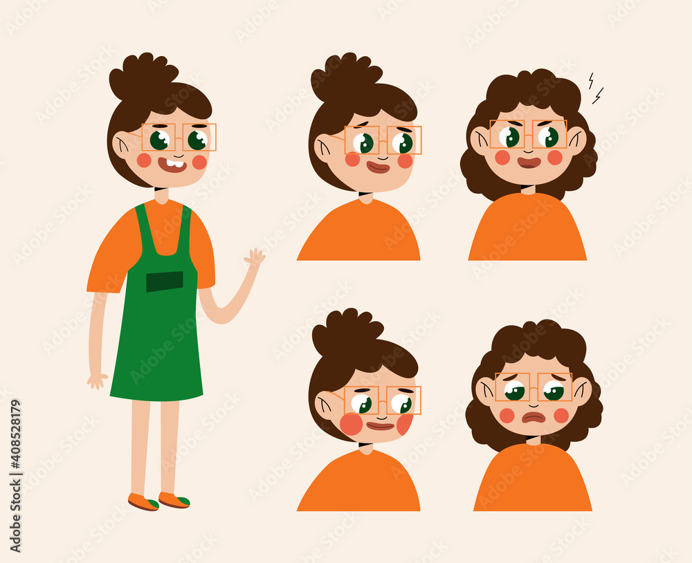 A set of cute girl emotions. The child's face expresses anger, sadness, surprise, embarrassment. A set of cute girl emotions. The child's face expresses anger, sadness, surprise, embarrassment.