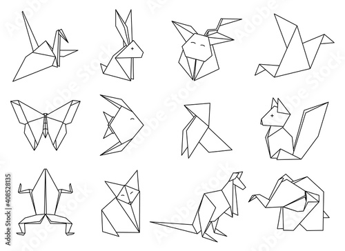 Origami Animals set. Geometric polygon cartoons. Coloring book.