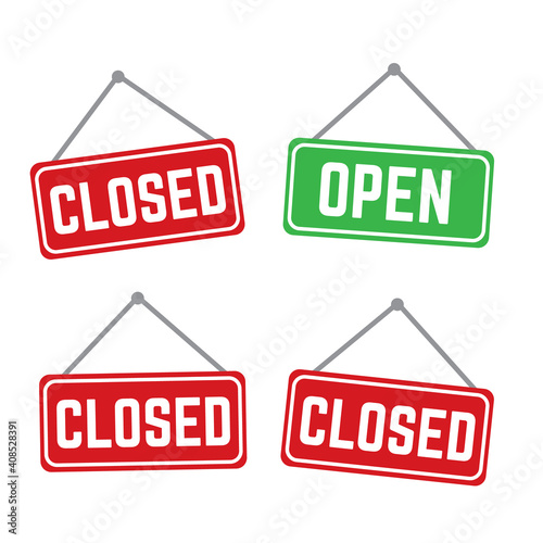 Open and closed vector store signs red and green. Shop banner door open illustration