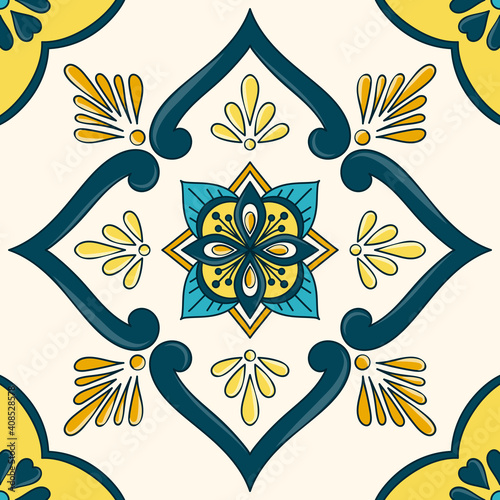 Mexican tile pattern vector seamless with vintage ceramic ornament. Portuguese azulejos, talavera, italian sicily, moroccan or spanish majolica. Mosaic element for kitchen floor or bathroom wall.