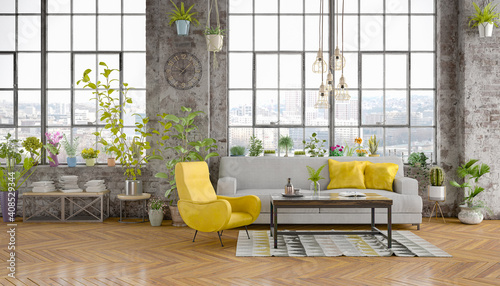 3d Illustation - Industrie Loft mit großen Fenster - Helles Wohnzimmer mit einer großen grauen Couch und gelbe Kissen photo
