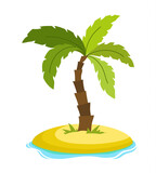 Tropical palm on island with sea waves illustration isolated white background. Beach under palm tree. Summer vacation in tropics. Cartoon illustration