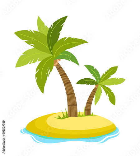 Tropical palm on island with sea waves illustration isolated white background. Beach under palm tree. Summer vacation in tropics. Cartoon illustration